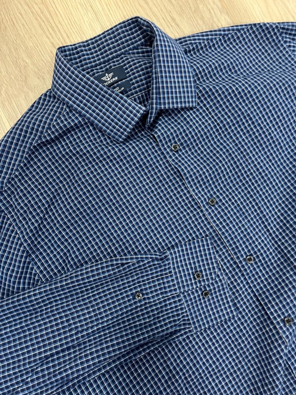 Dockers Fitted Stretch Collar Button Down Shirt Blue Check Mens Large